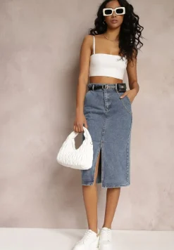 Niebieska Ołówkowa Spódnica Jeansowa z Rozcięciem i Paskiem z Saszetką Misitra