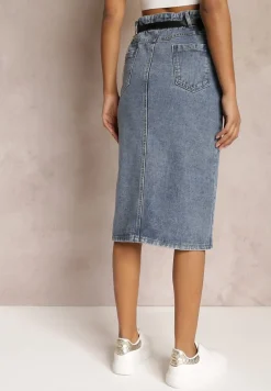 Niebieska Ołówkowa Spódnica Jeansowa z Rozcięciem i Paskiem z Saszetką Misitra