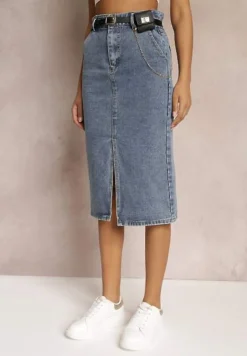 Niebieska Ołówkowa Spódnica Jeansowa z Rozcięciem i Paskiem z Saszetką Misitra