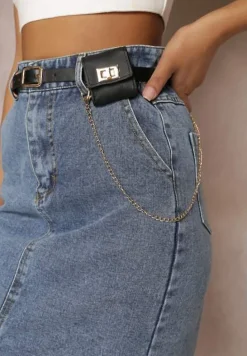 Niebieska Ołówkowa Spódnica Jeansowa z Rozcięciem i Paskiem z Saszetką Misitra