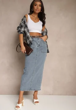 Niebieska Ołówkowa Spódnica Jeansowa z Dodatkowym Paskiem z Klamrą Malirae