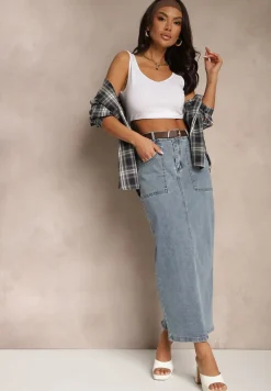 Niebieska Ołówkowa Spódnica Jeansowa z Dodatkowym Paskiem z Klamrą Malirae