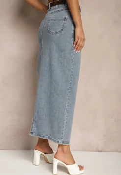 Niebieska Ołówkowa Spódnica Jeansowa z Dodatkowym Paskiem z Klamrą Malirae