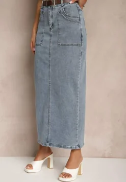 Niebieska Ołówkowa Spódnica Jeansowa z Dodatkowym Paskiem z Klamrą Malirae