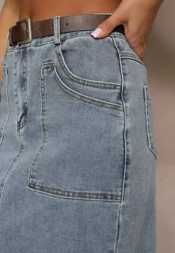 Niebieska Ołówkowa Spódnica Jeansowa z Dodatkowym Paskiem z Klamrą Malirae