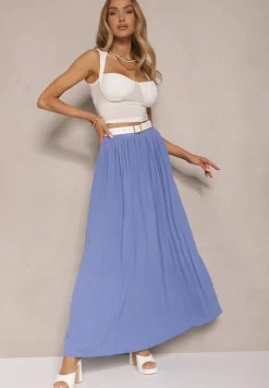 Niebieska Plisowana Spódnica o Rozkloszowanym Kroju z Gumką w Talii Ulindris