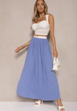 Niebieska Plisowana Spódnica o Rozkloszowanym Kroju z Gumką w Talii Ulindris