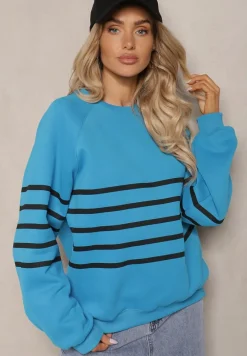Niebieska Polarowa Bluza Dzianinowa o Klasycznym Kroju w Paski Ilabria