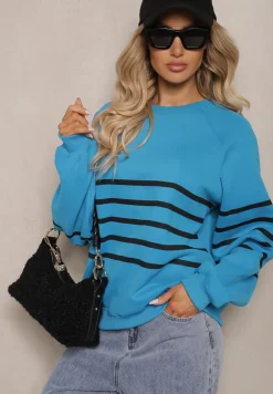 Niebieska Polarowa Bluza Dzianinowa o Klasycznym Kroju w Paski Ilabria