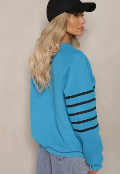 Niebieska Polarowa Bluza Dzianinowa o Klasycznym Kroju w Paski Ilabria