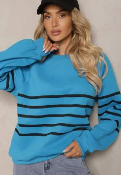 Niebieska Polarowa Bluza Dzianinowa o Klasycznym Kroju w Paski Ilabria