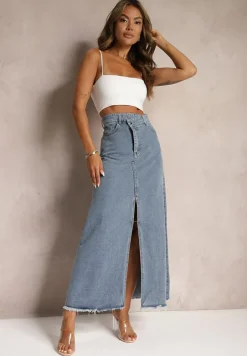 Niebieska Postrzępiona Spódnica Maxi z Jeansu z Rozcięciem Feedi