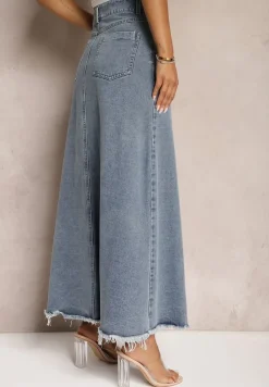 Niebieska Postrzępiona Spódnica Maxi z Jeansu z Rozcięciem Feedi