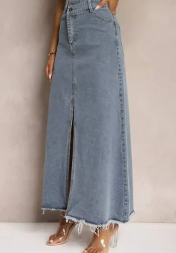 Niebieska Postrzępiona Spódnica Maxi z Jeansu z Rozcięciem Feedi