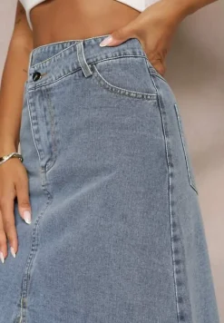 Niebieska Postrzępiona Spódnica Maxi z Jeansu z Rozcięciem Feedi