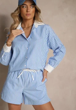 Niebieska Prążkowana Koszula o Fasonie Oversize z Kontrastowymi Wstawkami Onelira