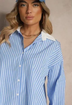 Niebieska Prążkowana Koszula o Fasonie Oversize z Kontrastowymi Wstawkami Onelira