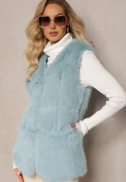 Niebieska Puchata Kamizelka z Futerka Ozdobiona Imitacją Skóry Tekllesa