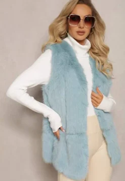 Niebieska Puchata Kamizelka z Futerka Ozdobiona Imitacją Skóry Tekllesa