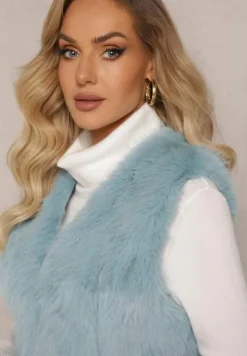 Niebieska Puchata Kamizelka z Futerka Ozdobiona Imitacją Skóry Tekllesa