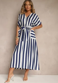 Niebieska Pudełkowa Sukienka z Wiskozą z Motywem Pasków i Wiązaniem Lumierae
