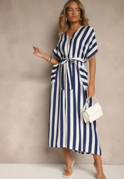 Niebieska Pudełkowa Sukienka z Wiskozą z Motywem Pasków i Wiązaniem Lumierae