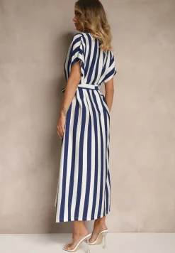 Niebieska Pudełkowa Sukienka z Wiskozą z Motywem Pasków i Wiązaniem Lumierae