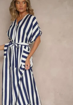 Niebieska Pudełkowa Sukienka z Wiskozą z Motywem Pasków i Wiązaniem Lumierae