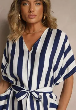 Niebieska Pudełkowa Sukienka z Wiskozą z Motywem Pasków i Wiązaniem Lumierae