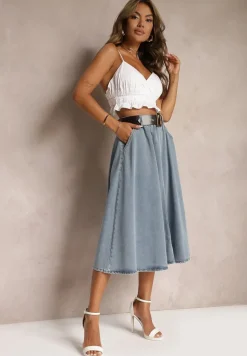 Niebieska Rozkloszowana Spódnica Jeansowa Midi z Paskiem Wendlla
