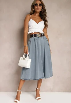 Niebieska Rozkloszowana Spódnica Jeansowa Midi z Paskiem Wendlla