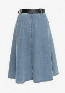 Niebieska Rozkloszowana Spódnica Jeansowa Midi z Paskiem Wendlla