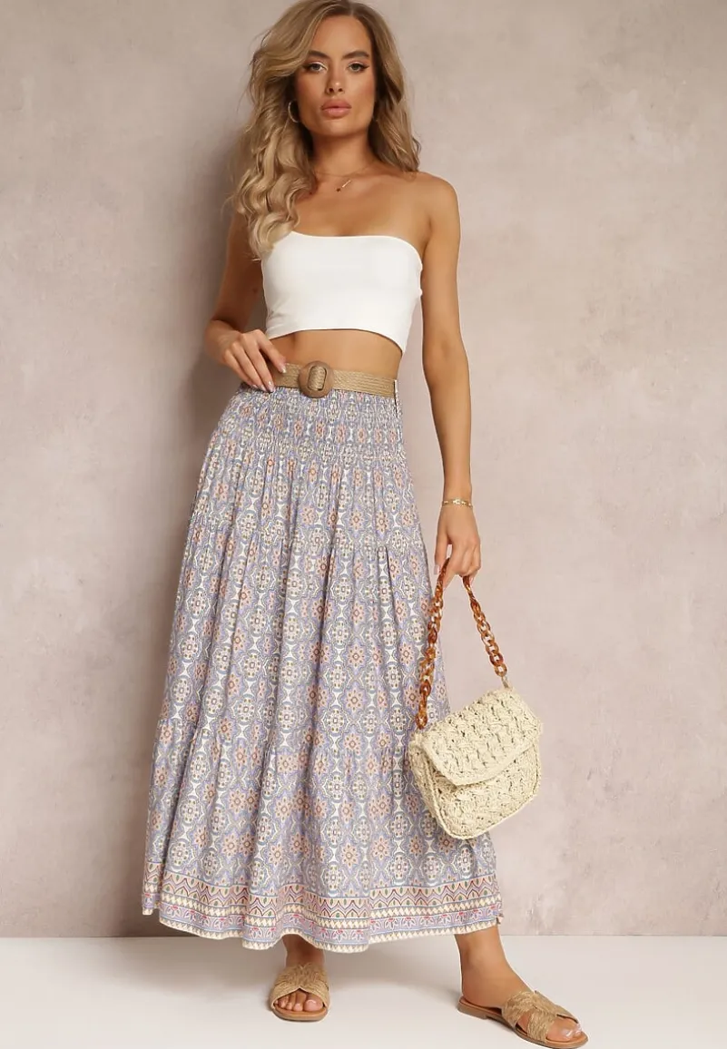 Niebieska Rozkloszowana Spódnica Maxi z Falbaną i Plecionym Paskiem Rahaf