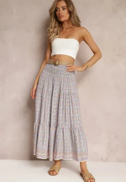 Niebieska Rozkloszowana Spódnica Maxi z Falbaną i Plecionym Paskiem Rahaf