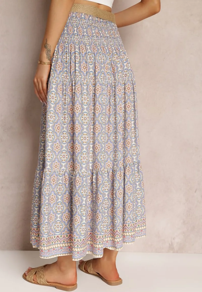 Niebieska Rozkloszowana Spódnica Maxi z Falbaną i Plecionym Paskiem Rahaf