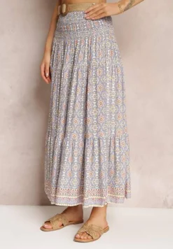Niebieska Rozkloszowana Spódnica Maxi z Falbaną i Plecionym Paskiem Rahaf