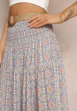 Niebieska Rozkloszowana Spódnica Maxi z Falbaną i Plecionym Paskiem Rahaf