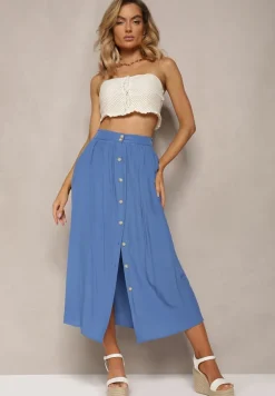 Niebieska Rozkloszowana Spódnica Maxi z Gumką w Talii i Kieszeniami Kendrani