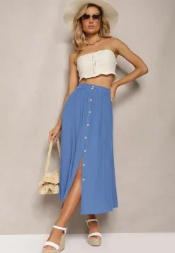 Niebieska Rozkloszowana Spódnica Maxi z Gumką w Talii i Kieszeniami Kendrani