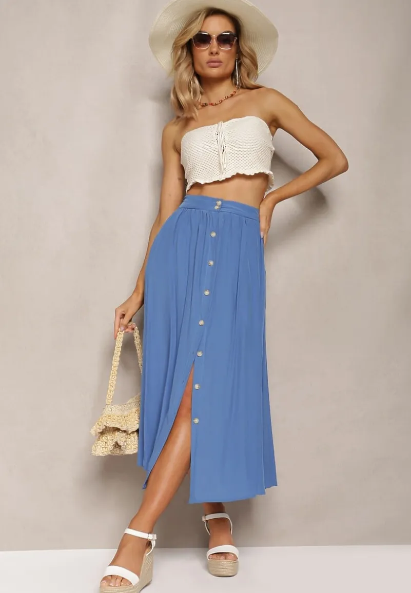 Niebieska Rozkloszowana Spódnica Maxi z Gumką w Talii i Kieszeniami Kendrani