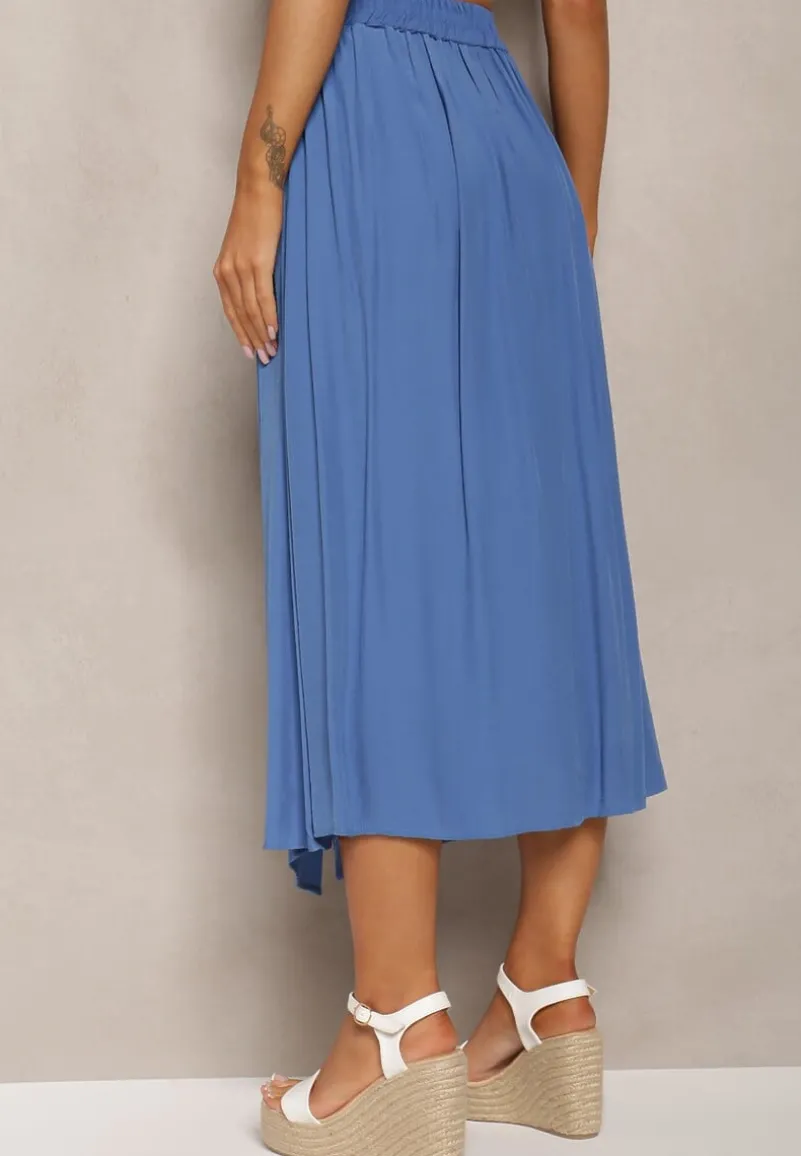 Niebieska Rozkloszowana Spódnica Maxi z Gumką w Talii i Kieszeniami Kendrani