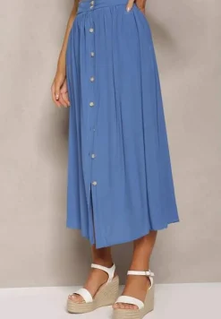 Niebieska Rozkloszowana Spódnica Maxi z Gumką w Talii i Kieszeniami Kendrani