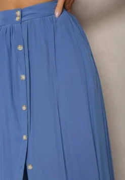 Niebieska Rozkloszowana Spódnica Maxi z Gumką w Talii i Kieszeniami Kendrani