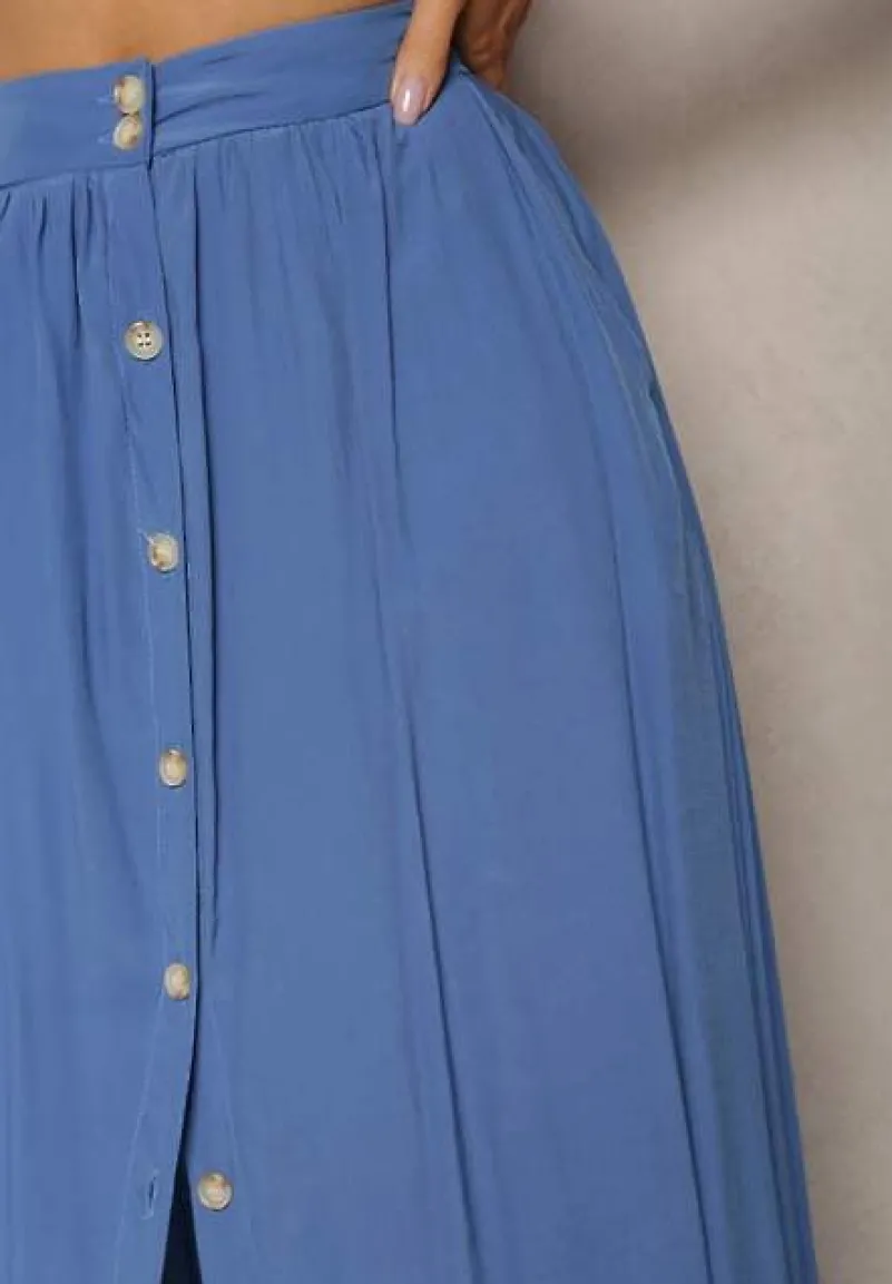 Niebieska Rozkloszowana Spódnica Maxi z Gumką w Talii i Kieszeniami Kendrani