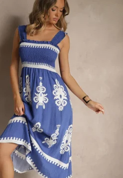 Niebieska Rozkloszowana Sukienka z Wiskozy z Ornamentnym Motywem Aloxe