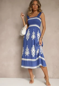 Niebieska Rozkloszowana Sukienka z Wiskozy z Ornamentnym Motywem Aloxe