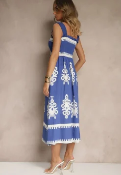 Niebieska Rozkloszowana Sukienka z Wiskozy z Ornamentnym Motywem Aloxe