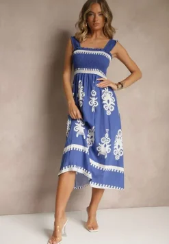 Niebieska Rozkloszowana Sukienka z Wiskozy z Ornamentnym Motywem Aloxe