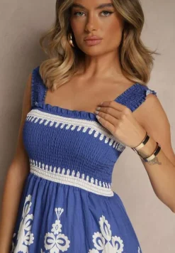 Niebieska Rozkloszowana Sukienka z Wiskozy z Ornamentnym Motywem Aloxe