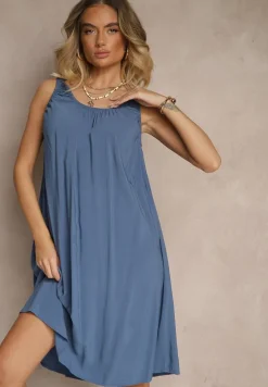 Niebieska Rozkloszowana Sukienka z Bawełny Ozdobiona Marszczeniem Anniloria